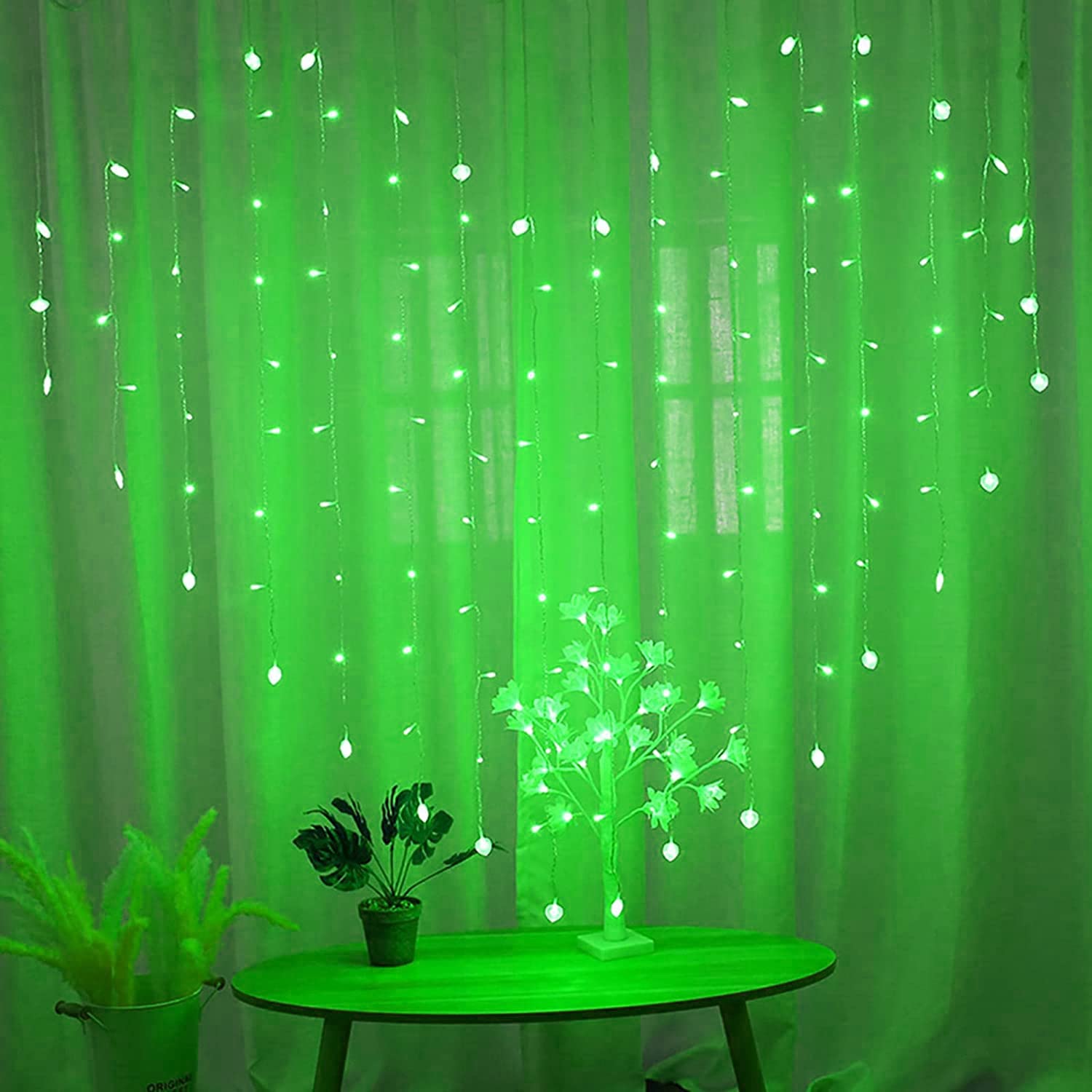 Kurtyna okienna LED, sople lodu, łańcuch świetlny, 124 diody LED, 2 m x 1,5 m, 8 trybów pracy, pilot zdalnego sterowania, baterie, złącze USB, na imprezę, do sypialni, na wesele (zielona)