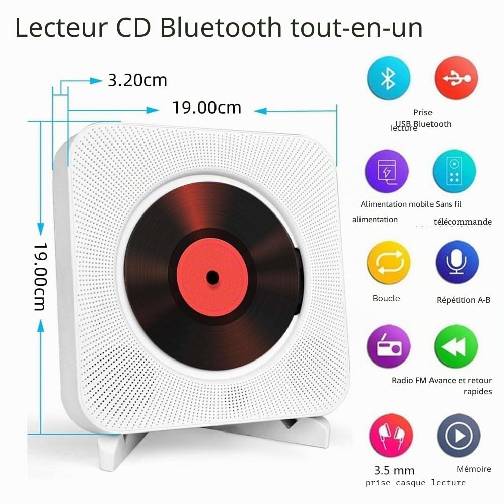 Lecteur de CD Portable de Bureau avec Bluetooth - Lecteur CD Musical Mural Multifuctional Intégré dans Les Haut-parleurs HiFi Home Mini Lecteur CD Audio Boombox avec Télécommande（Blanc）