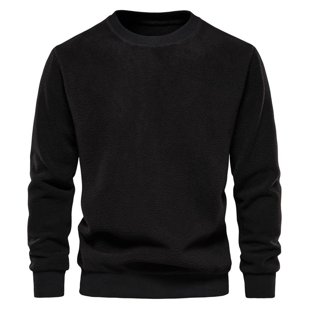 Mens Sweatshirt Plus Fleece Round Neck Solid Color Mens Pullover Long Sleeve Fashion Casual Mens Sweatshirt Simplicity Warm Basic Mens Pullover