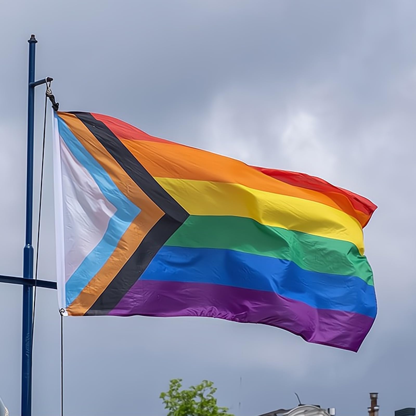 Le Drapeau De L'arc-en-ciel Sur Un Mât De Drapeau Le Drapeau Du Rainbow Agitant Dans Vent 219943117
