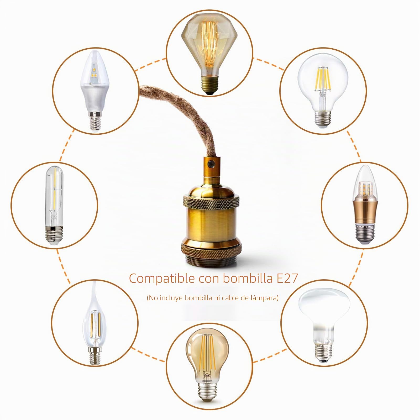 2 suspensiones vintage con enchufes, cables E27, cadenas de luces, cables con interruptor y enchufes en cuerda de cáñamo de 4,6 m, suspensiones de cable único para montar tú mismo
