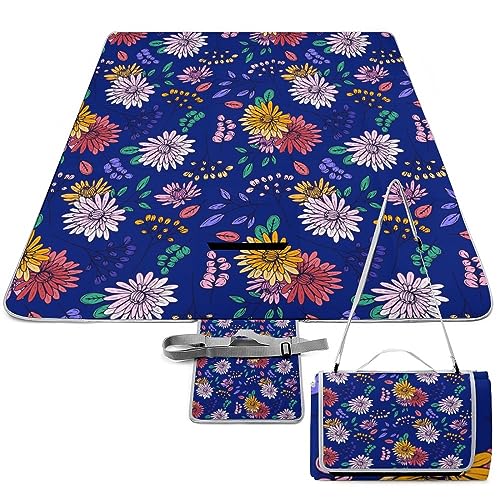 Spring-Pattern Picnic Blanket Waterproof Foldable, Large Outdoor Picnic Blanket Beach Blankets Camping Blanket Travel Mat, Shoulder Strap Tote, Rectangle 58x58in