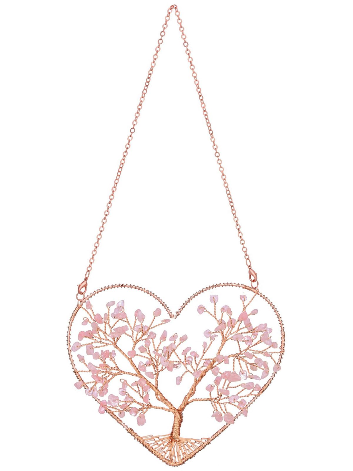 JOVIVI Rose Quartz Crystal Tree of Life Hanging Ornament Gifts for Women Birthday,Pink Healing Crystals Gemstones Tree Heart Wall Hanging Gifts for Women Girls Bedroom Home Wall Decor