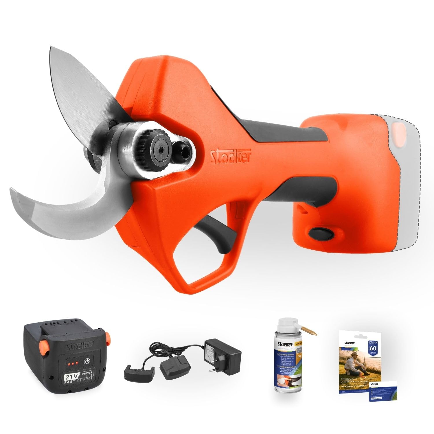 STOCKER - Kit Potatura con Forbice elettrica Magma E-35 TP 21V, Batteria Fast Charge 2,6Ah, Caricabatterie, Olio per manutenzione ed estensione di garanzia fino a 60 mesi – Taglio fino a 35 mm