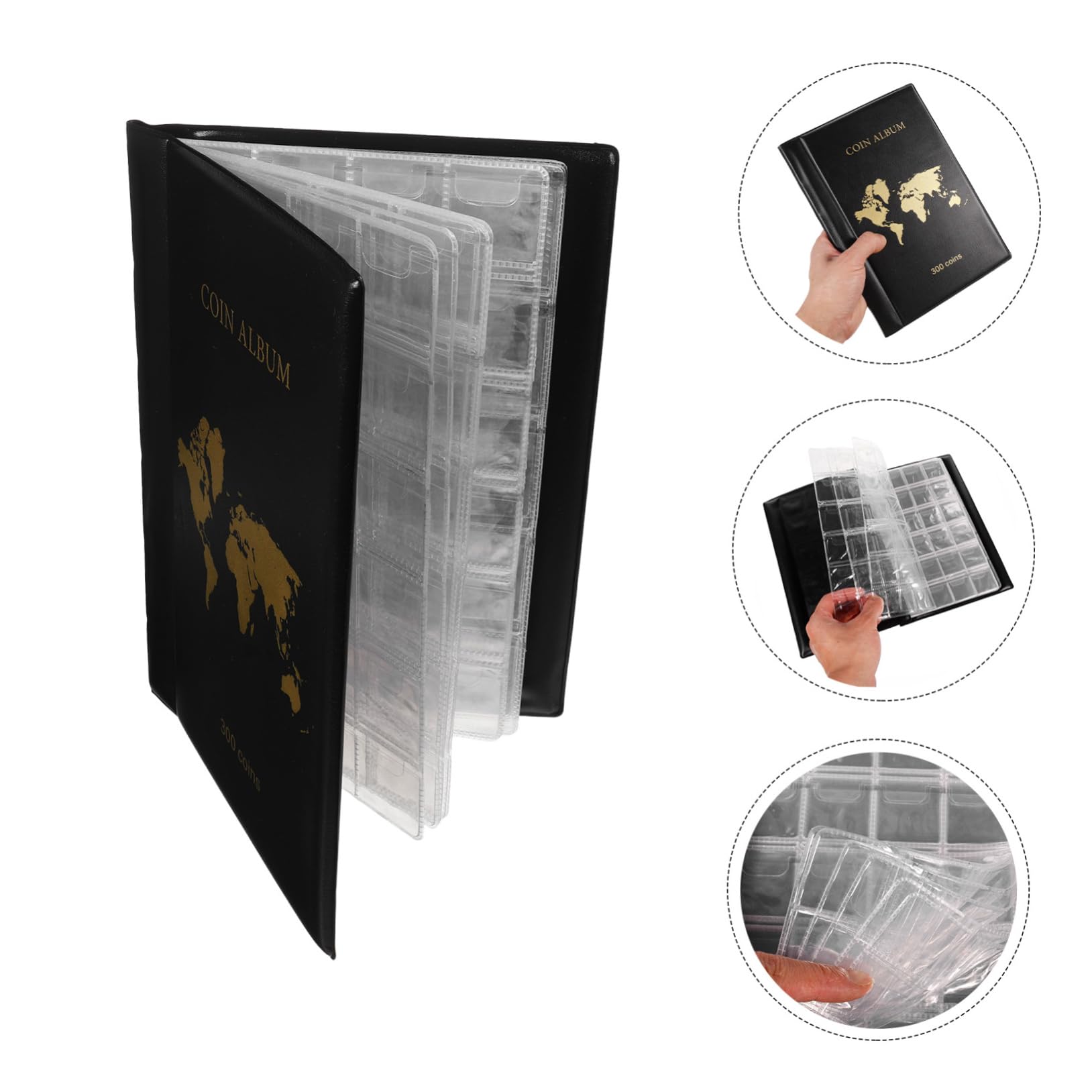 Abaodam Münzalben für Sammler 300 Fächer Transparente PVC und Pu Hüllen Sicherer Schutz für Münzen und Scheine für Sammlungen