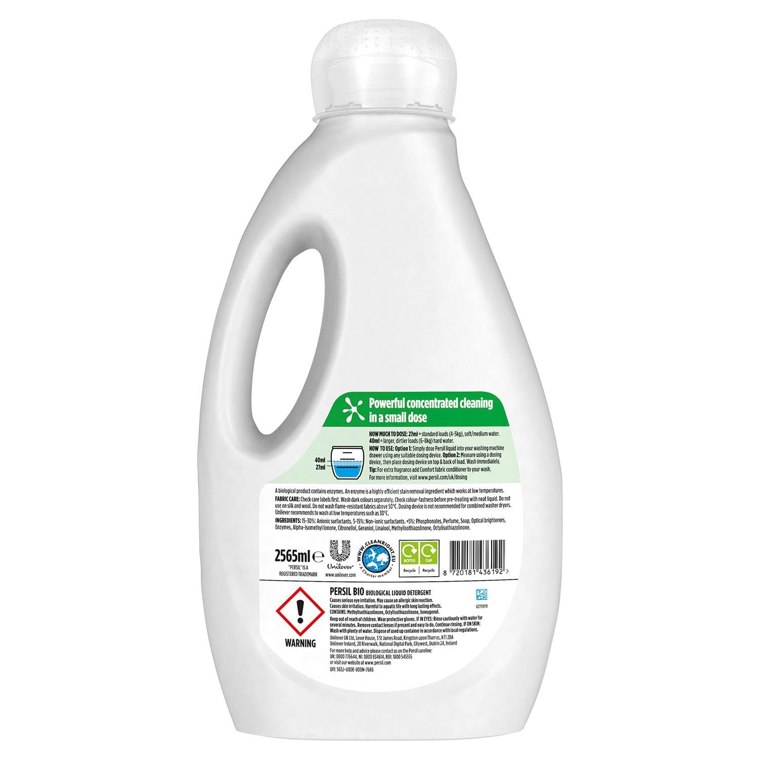 Persil XXXL Waschflüssiges Waschmittel, hervorragende Fleckenentfernung, schnelle und kalte Wäsche, stark zu Flecken, sanft zu empfindlicher Haut, 95 Waschgänge, 4er-Pack, 2,565 Liter (Bio)