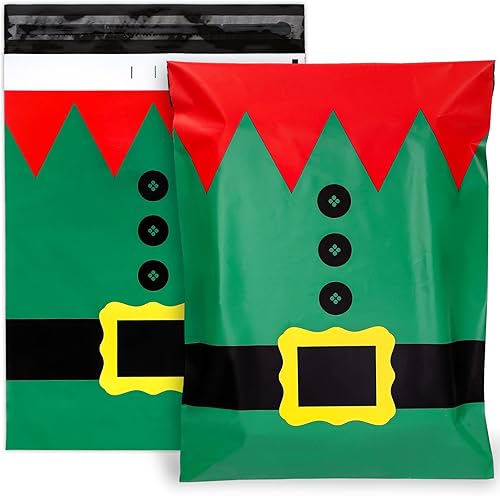 Miniatura 8 de AnyDesign - 100 sobres de polietileno de Navidad de 10 x 13 pulgadas, bolsas de envío con diseño clásico de Papá Noel, bolsas de envío con