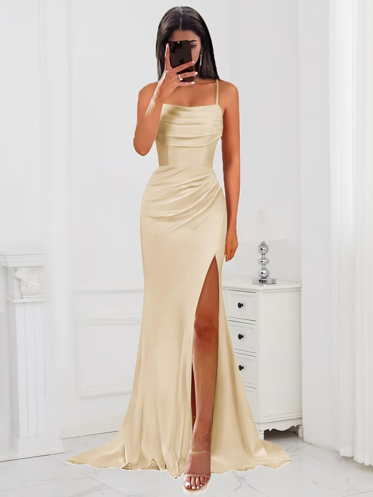 HUINI Satin Brautjungfernkleider Damen Meerjungfrau Spaghettiträger Abendkleid mit Schlitz