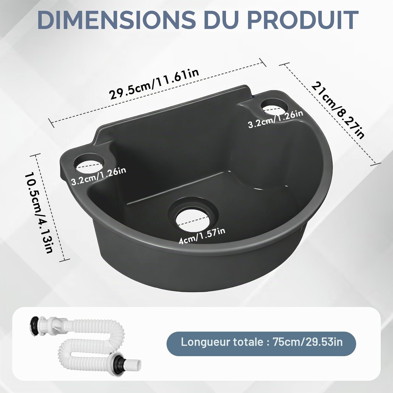 Lavabo en plastique, pour camping, lavabo, simple, en plastique, avec tuyau et bouchon de vidange, pour jardin, garage, cave, camping-car, chantiers de construction (noir)
