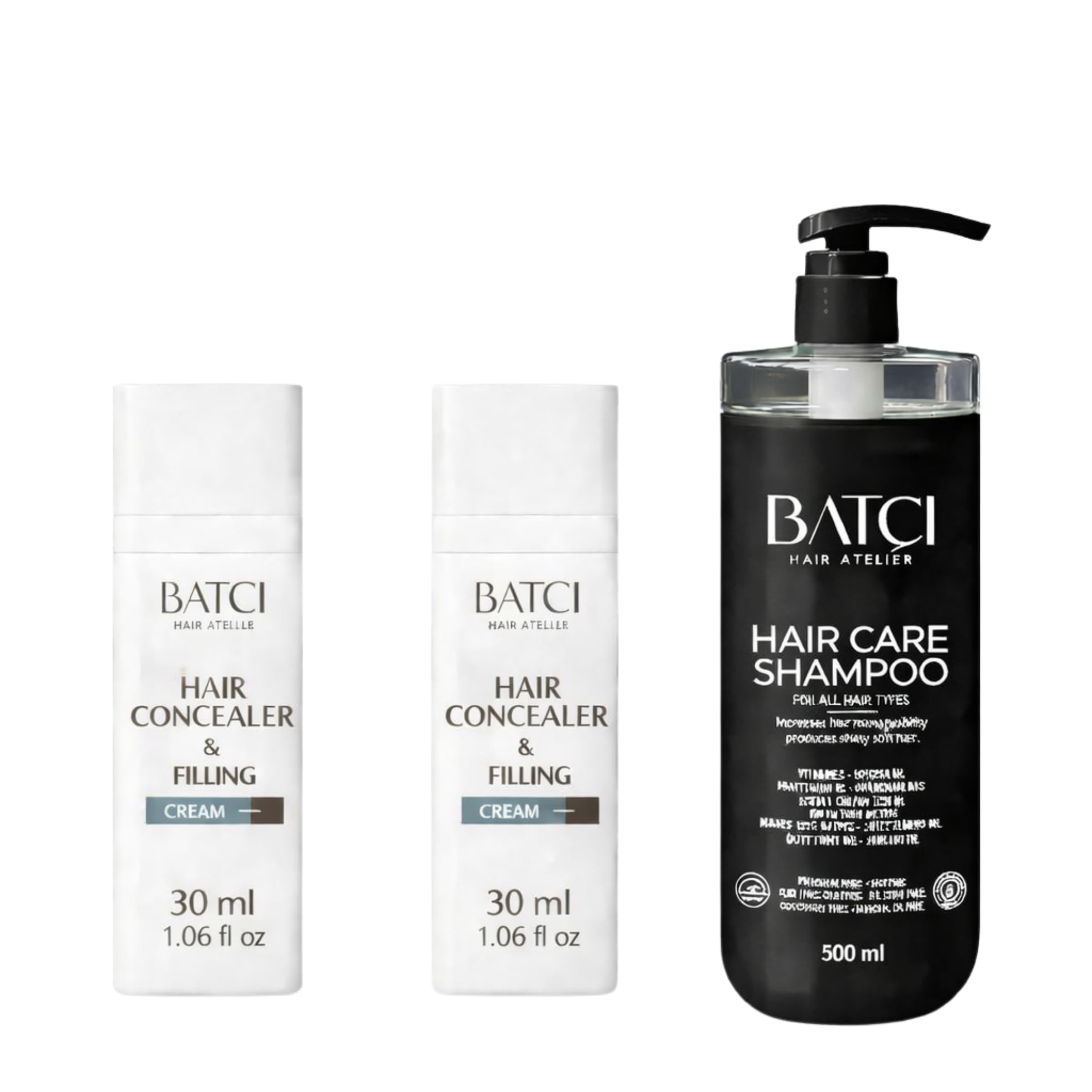 Batcı Crème anti-cernes et de remplissage pour taches chauves et cheveux clairsemés – Imperméable, anti-transpiration – 2 x 30 ml + Shampooing