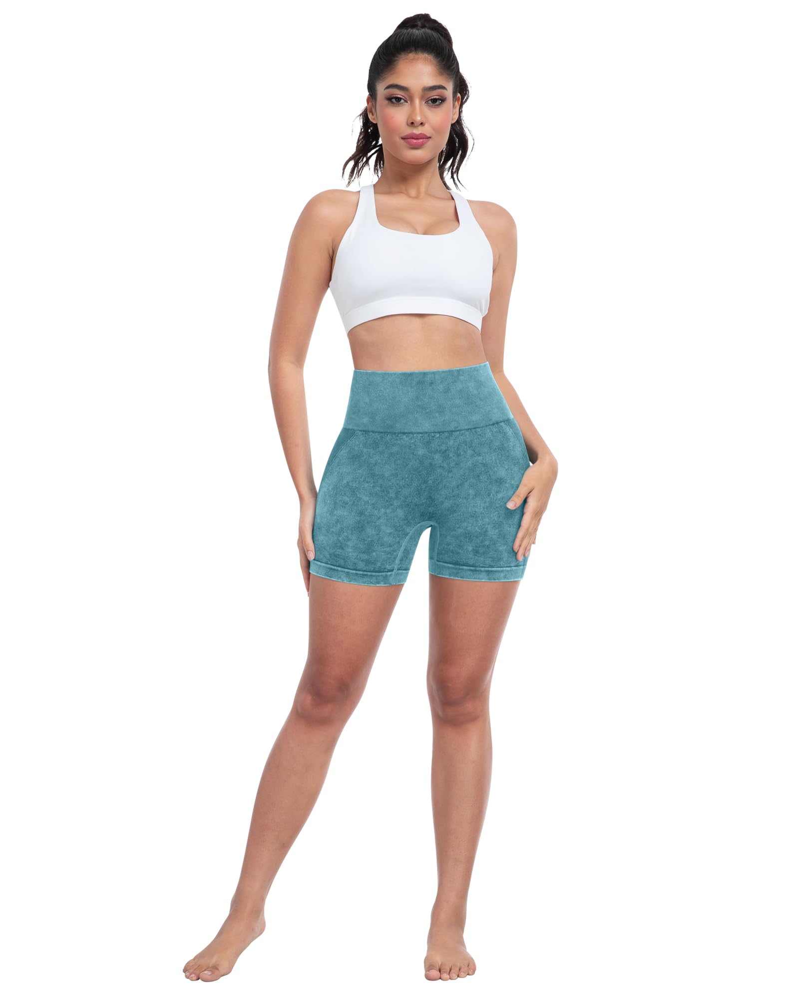 CHRLEISURE Women's 4 Packs Workout Gym Shorts, High Waisted Butt Lifting Scrunch Butt Seamless Booty Shorts: 4 Packs (Black, Wash Black,wash Navy, Wash Green ) Large