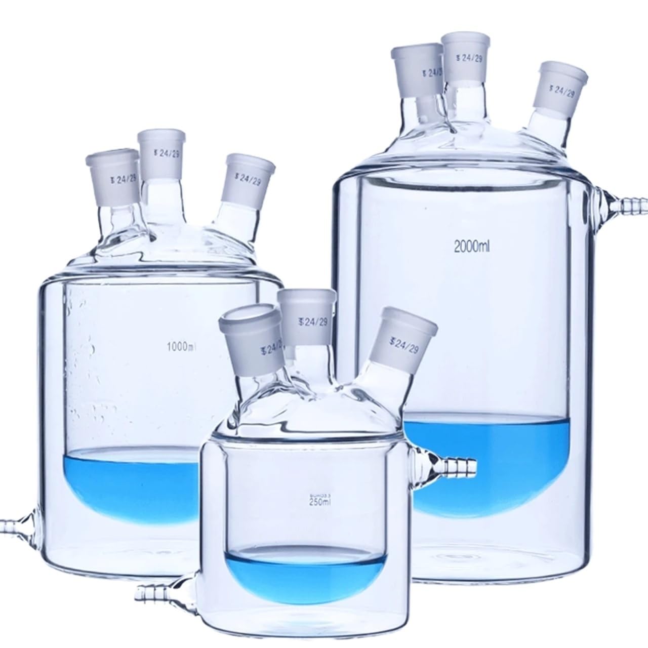 matraz de fondo redondo， Frasco de reacción de laboratorio, de tres cuellos, doble capa, junta 24/29, varios tamaños (250-2000 ml)(250ml 24-29)