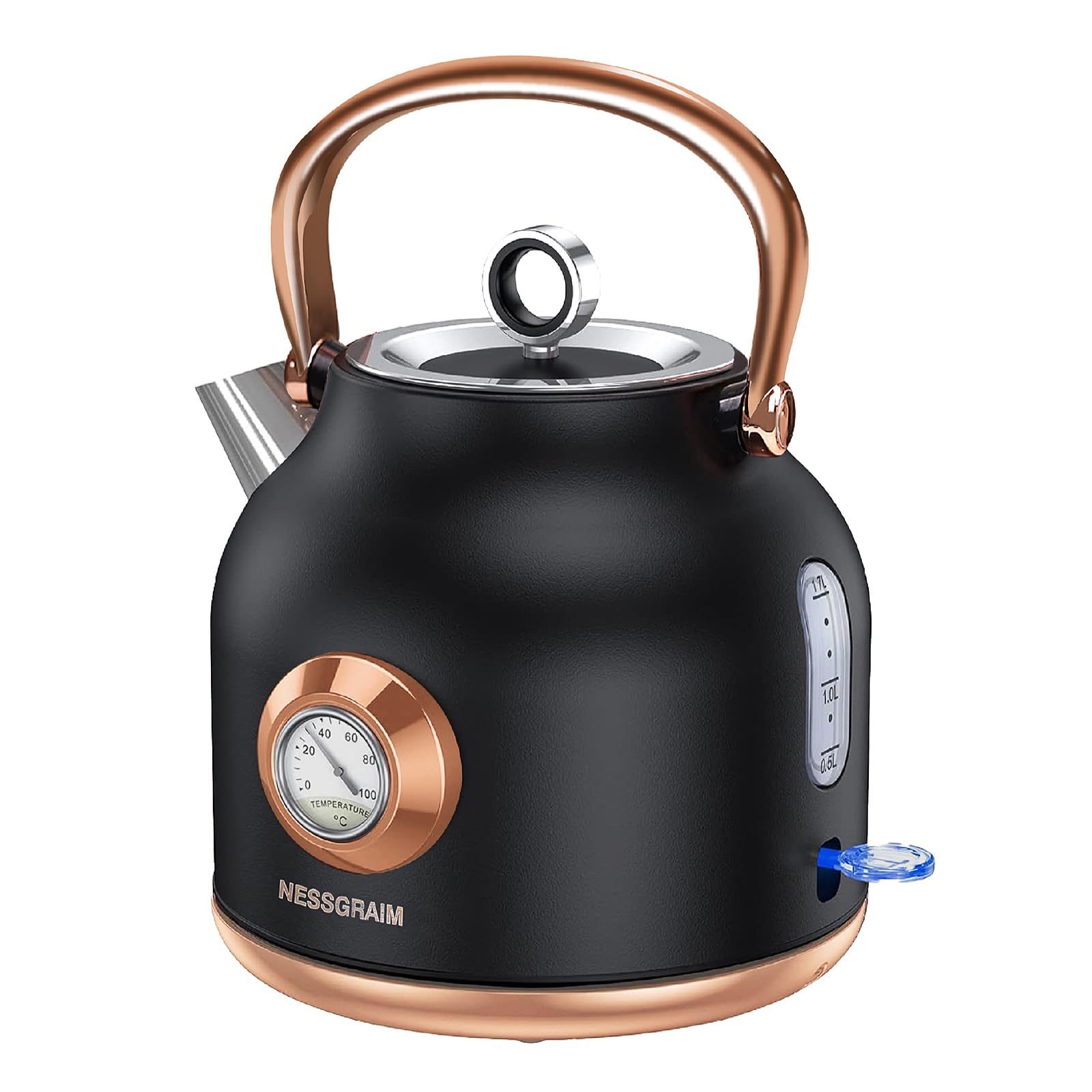 NESSGRAIM Retro-Wasserkocher, 1,7 l Edelstahl-Teekessel mit Großer Temperaturanzeige, 2200W Schnell Aufheizender Heißwasserboiler mit LED-Indikator (schwarz)