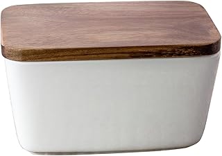 White porcelain Acacia wood relief butter dish with lid, ceramic butter box, kitchen countertop, dining table, butter storage and preservation box