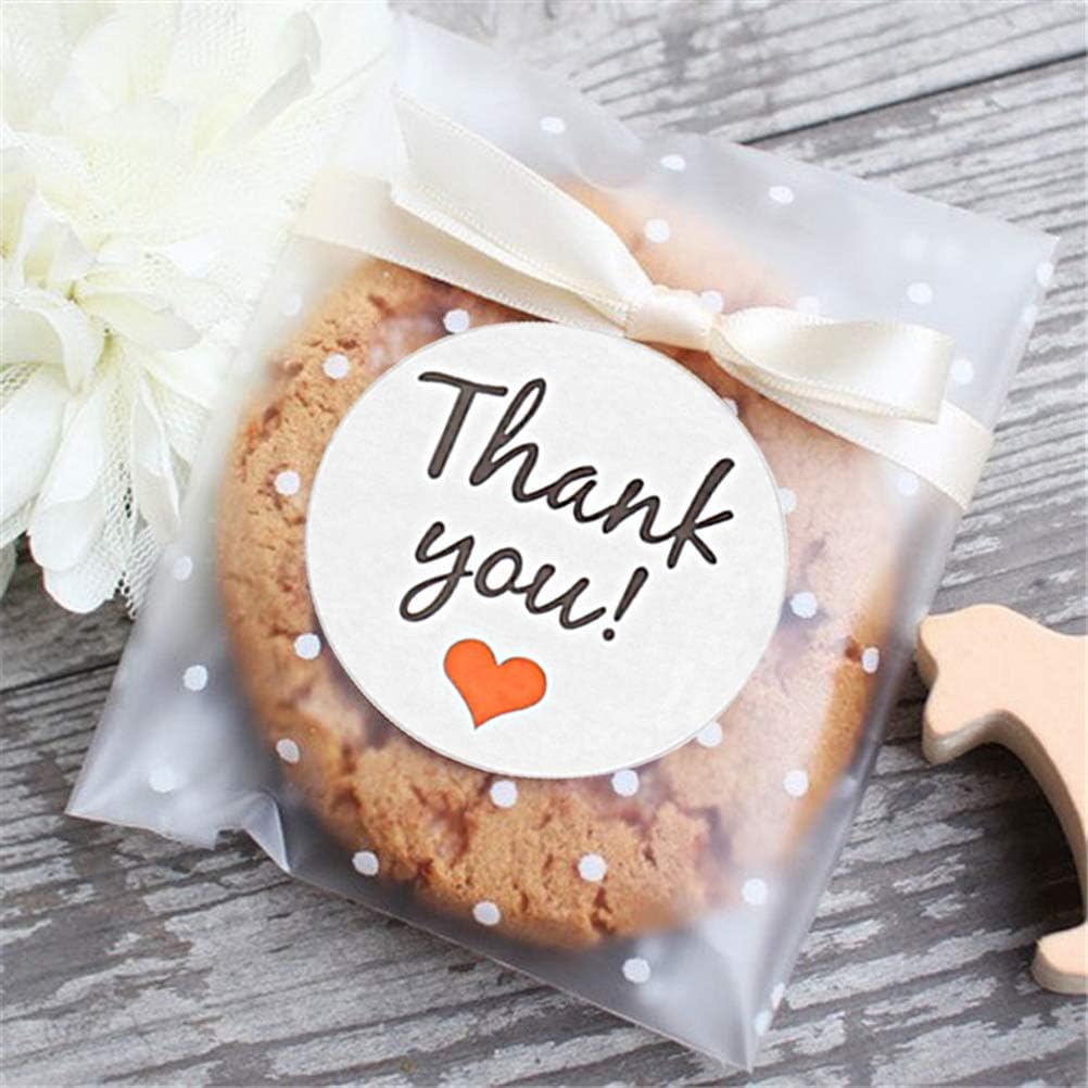 100 Pcs Self Adhesive Cookie Bags, 5.5" x 5.5" Cellophane Treat Bags White Polka Dot Treat Bags Cookie Favor Bags with 60 pcs Thank You Stickers for Gift Giving Bakery Candy Chocolate Dessert Wedding