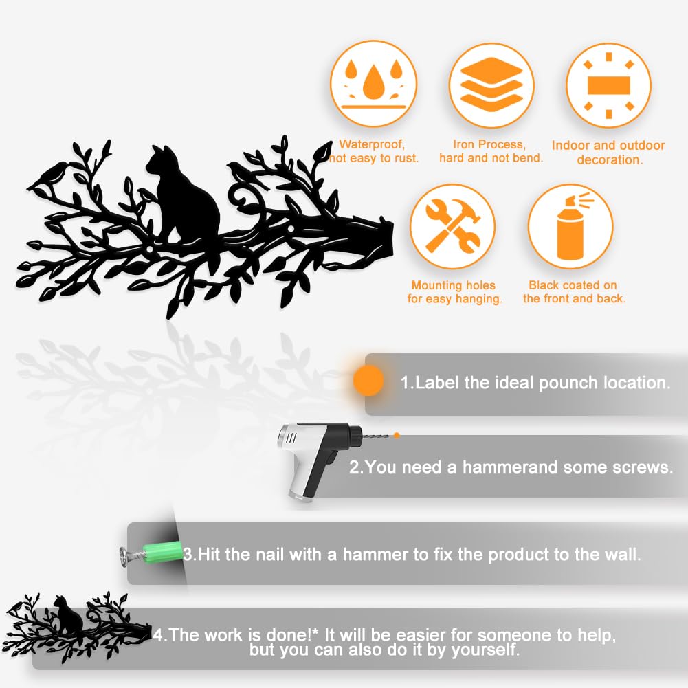 Déco Murale Métal Chat Sur Branche 30x14.6cm - Silhouette Noire Élégante Chat Et Arbre Pour Salon, Chambre, Bureau Ou Jardin