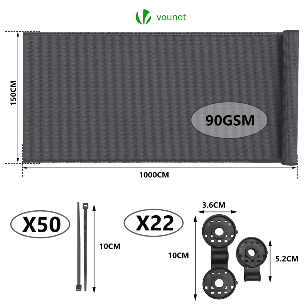 VOUNOT® Malla Sombreo y Ocultación 1.5×10m, Valla Privacidad HDPE Protección UV, Red de Sombra con Clips y Bridas, para Jardín, Huerto, Balcón, Antracita - 3