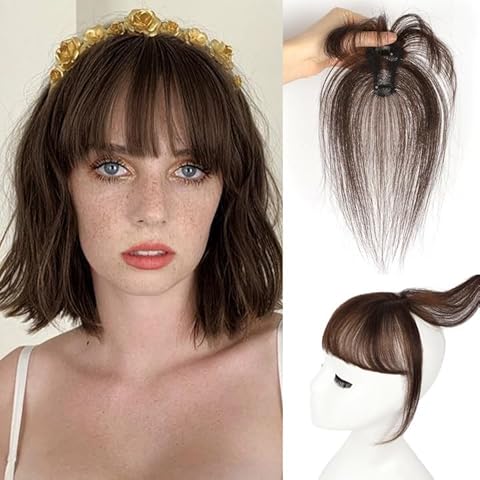 Vigorous Bangs Hair Clip, 360° Cover Clip in Bangs Real Human Hair 100% Human Hair Clip on Bangs，French Bangs for Women Fake Bangs for Daily Wear (Dark Brown) Cover