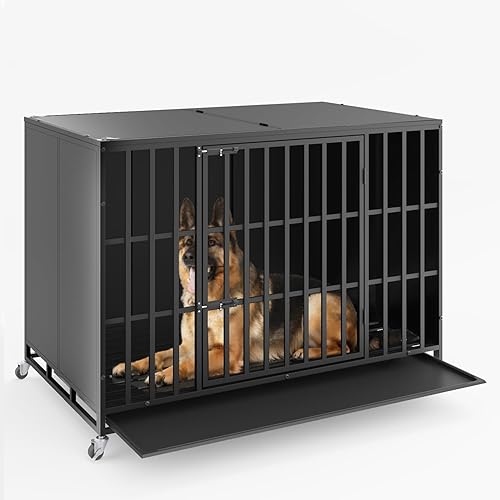 Jaula para perros indestructible de alta ansiedad de 48 pulgadas con diseño cerrado, a prueba de escapes, para perros grandes, jaula para perros de