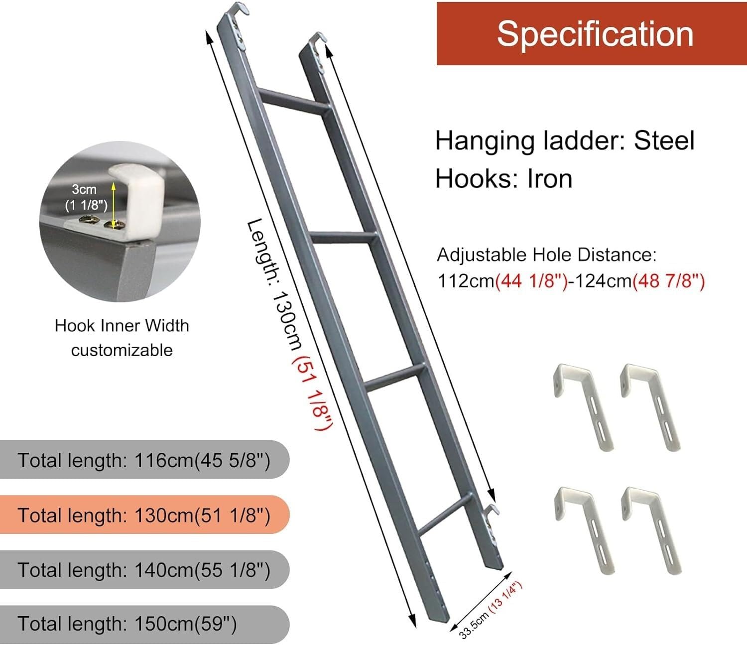 Escalera metálica Plateada para literas, Escalera de Repuesto de 4 o 5 peldaños para autocaravanas con techos Inclinados (tamaño: 130 cm)