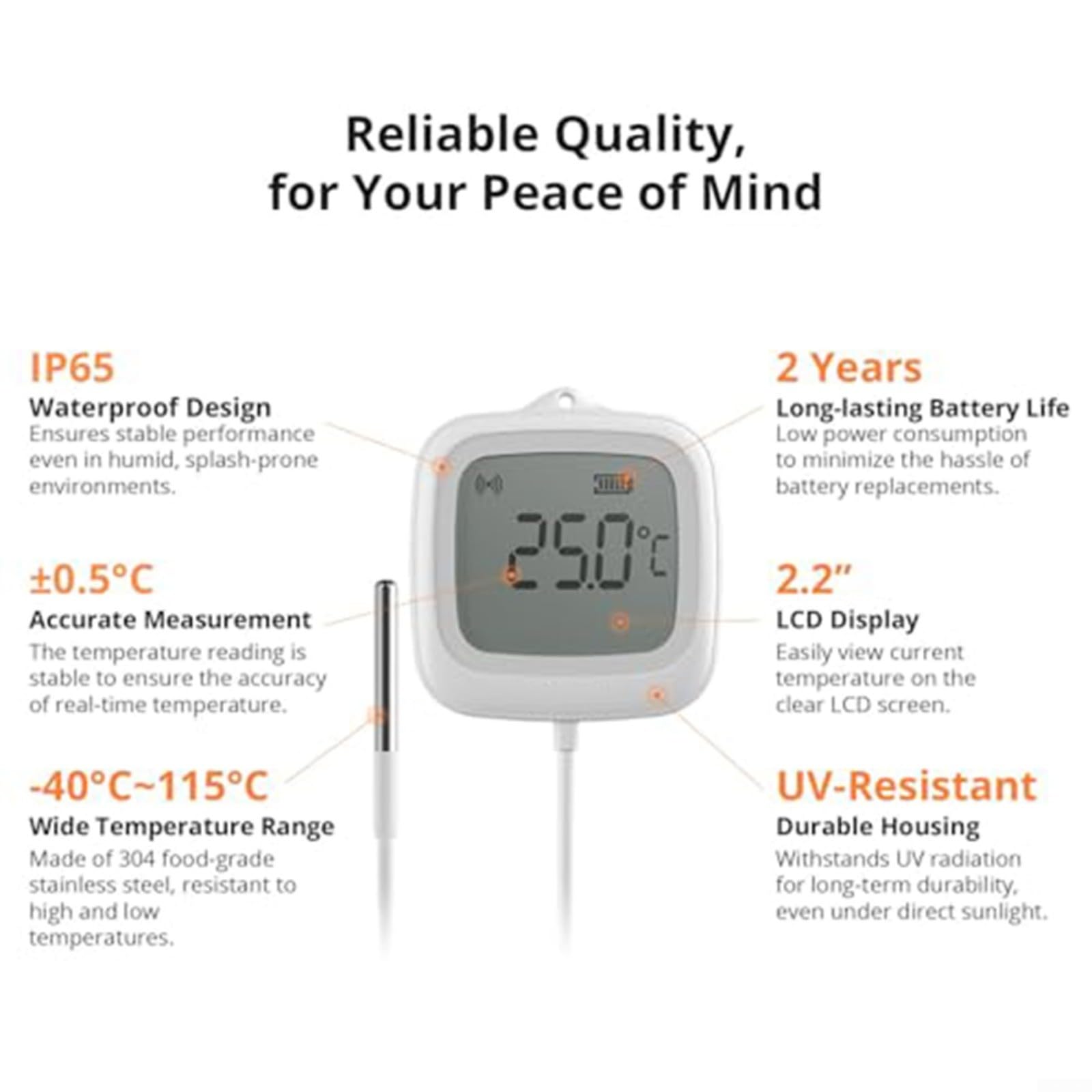 SNZB-02LD - Sensor de temperatura para Zigbee, resistente al agua IP65, con sonda de 1,5 m, pantalla LCD de -40 a 115 °C