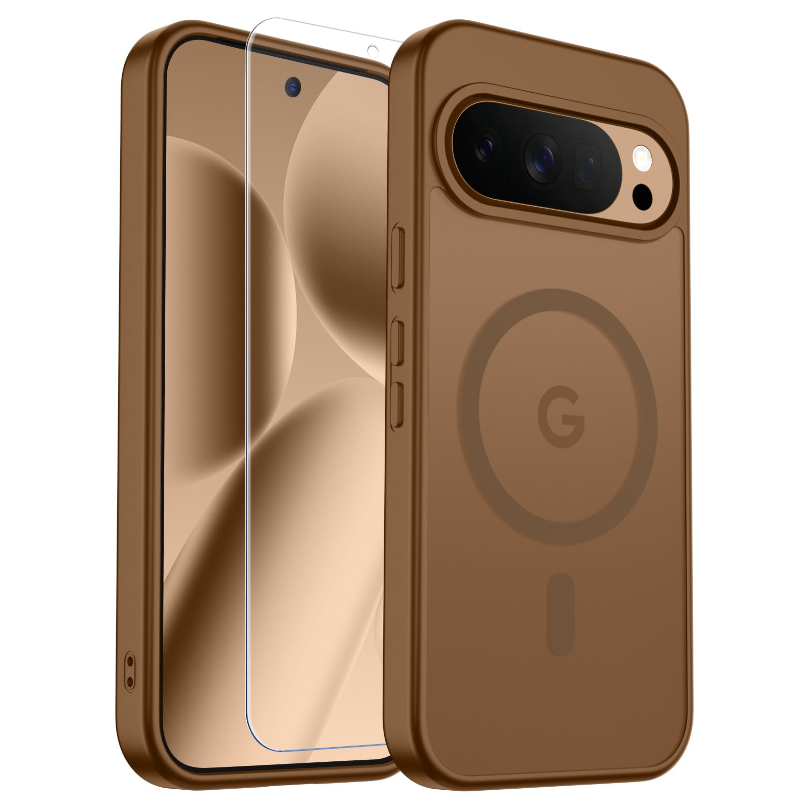 SUPFINE Magnetic for Google Pixel 10 Pro XL Case with Screen Protector, (Built-in Magnets) ((Military Grade Drop Protection) Slim Translucent Shockproof Phone Case,Brown
