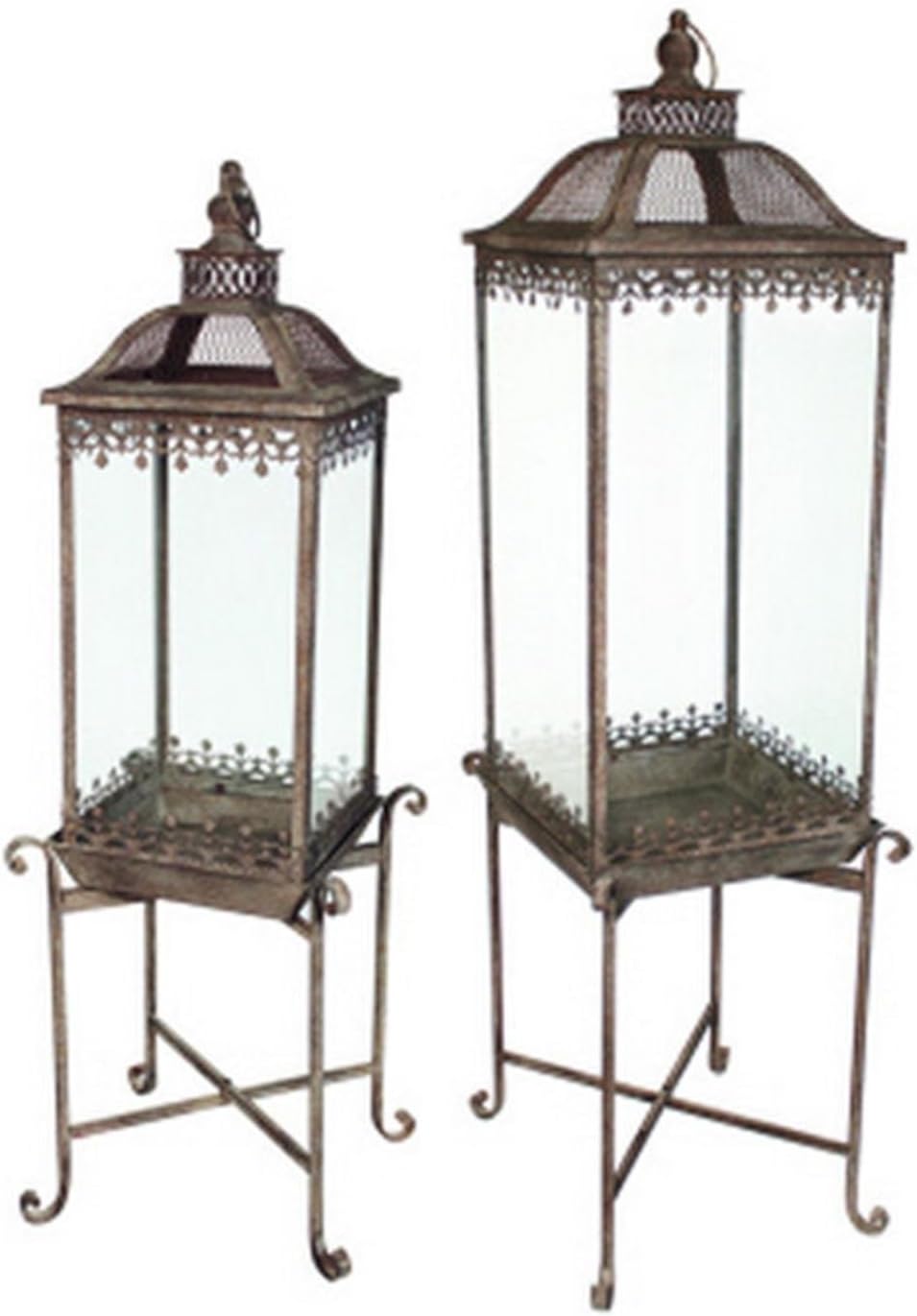 Set of 2 English Garden Elevated Iron and Glass Garden Lanterns on