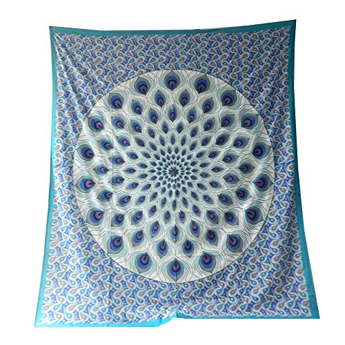 Tagesdecke Pfauenfeder türkis blau Baumwolle Überwurf indische Decke Wandbehang Cover
