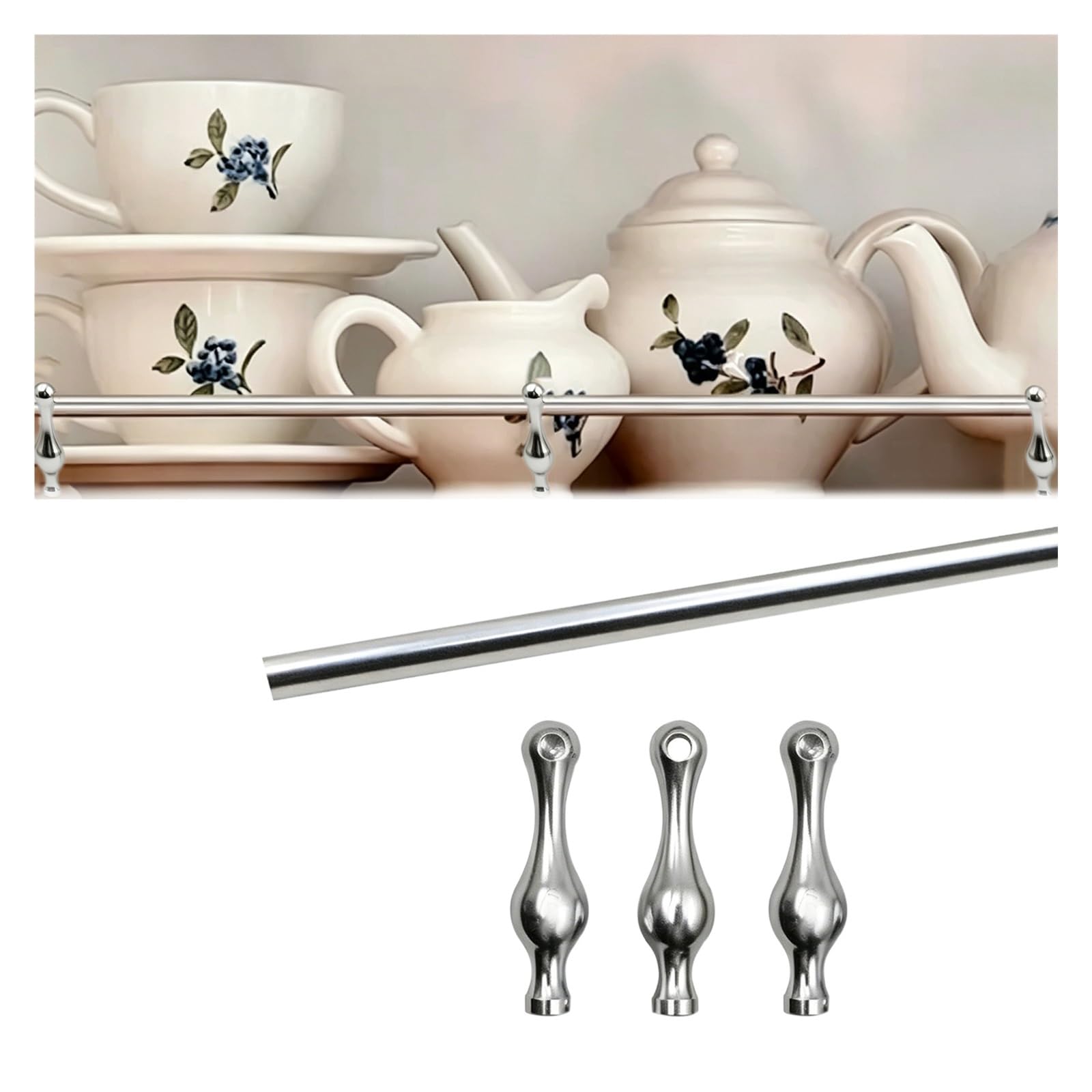Aluminum Tipping Gallery Rails Set 95 85 75 65 55 45cm, Customizable Guard Rail for Shelving with 3 Spindles, Decor Floating Shelf Railing Rod for Glassware, Collectibles(Silver C,85cm/33.5in)