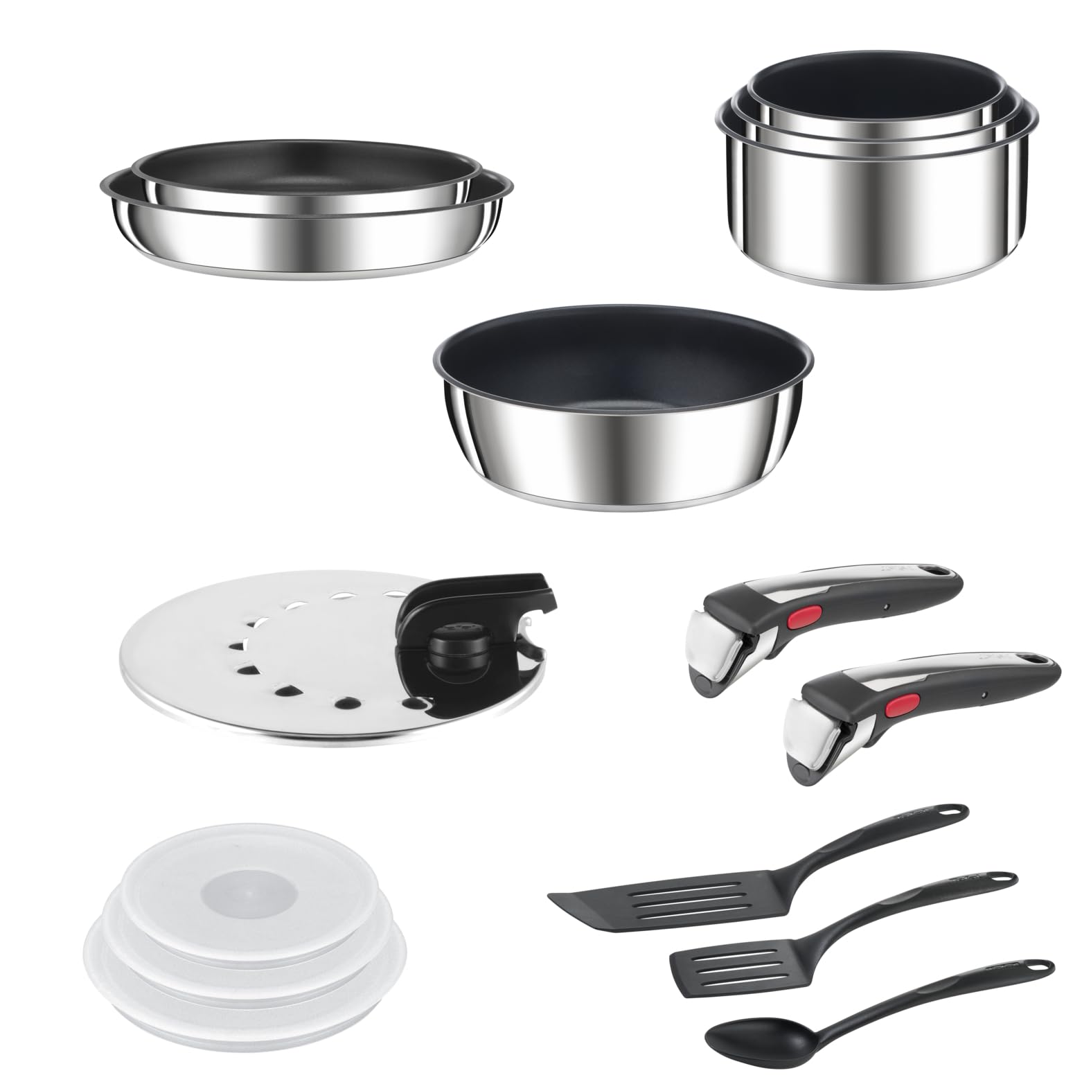 Tefal Ingenio Preference On - Juego de 2 Sartenes 22/26 cm + 3 Cazos 16/18/20 cm + Guisera 24 cm + 2 Mangos extraíbles + 7 Accesorios, Apto inducción, antiadherentes, Thermo-signal
