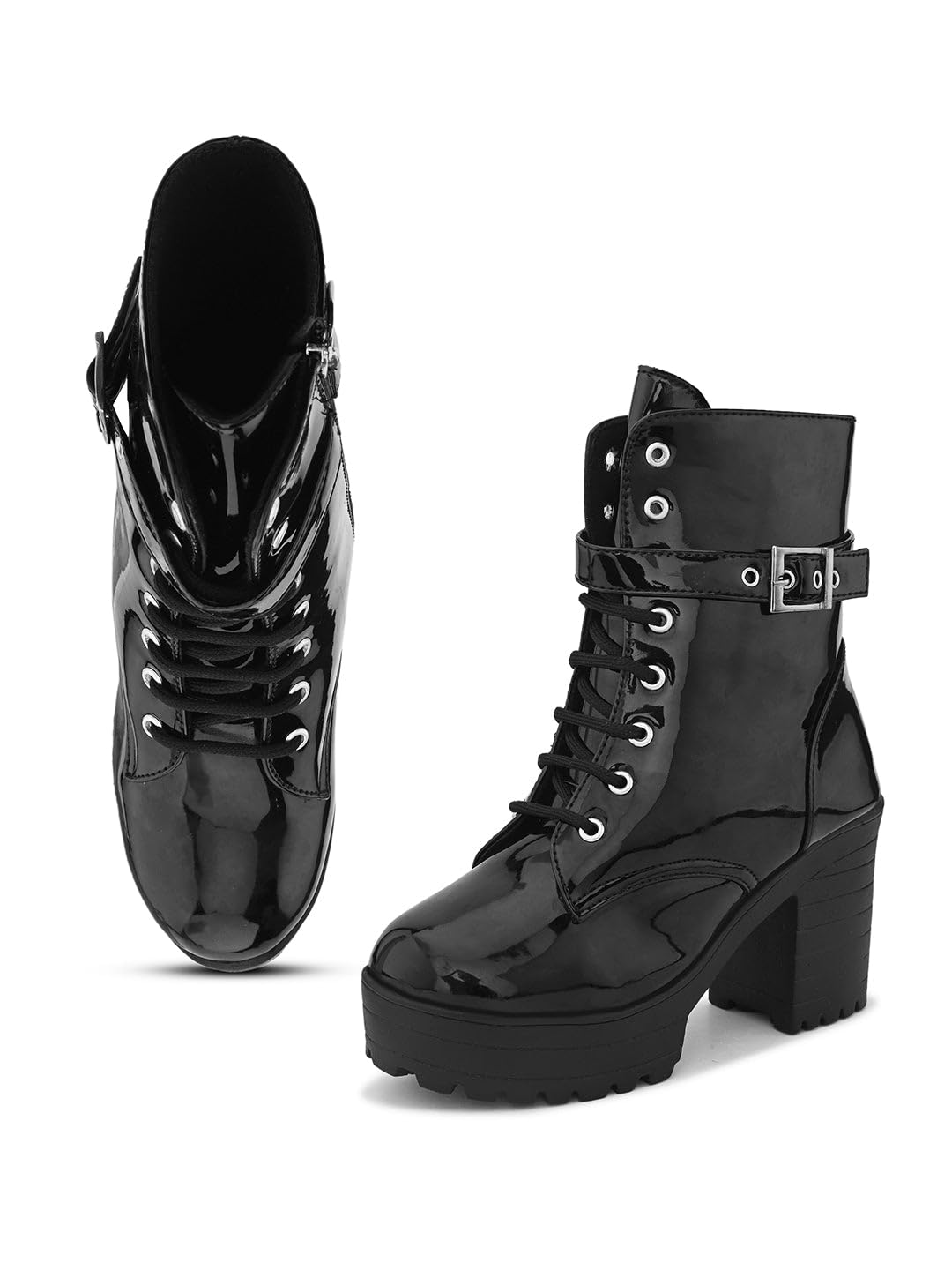 XE Looks Glossy Ankle Boots for Women, Chunky Block Heel with Lace-Up and Buckle Details for women & Girls (B0DH2KRZ1N) Amazon Price History, Amazon Price Tracker