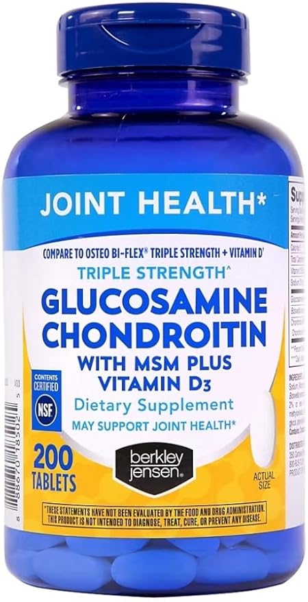 Berkley Jensen Glucosamine Chondroitin – Triple Strength Glucosamine Chondroitin Complex with MSM and D3 – Joint Supplement Tablets for Joint Support and Cartilages, NSF Certified, 200 Ct. (Pack of 1)