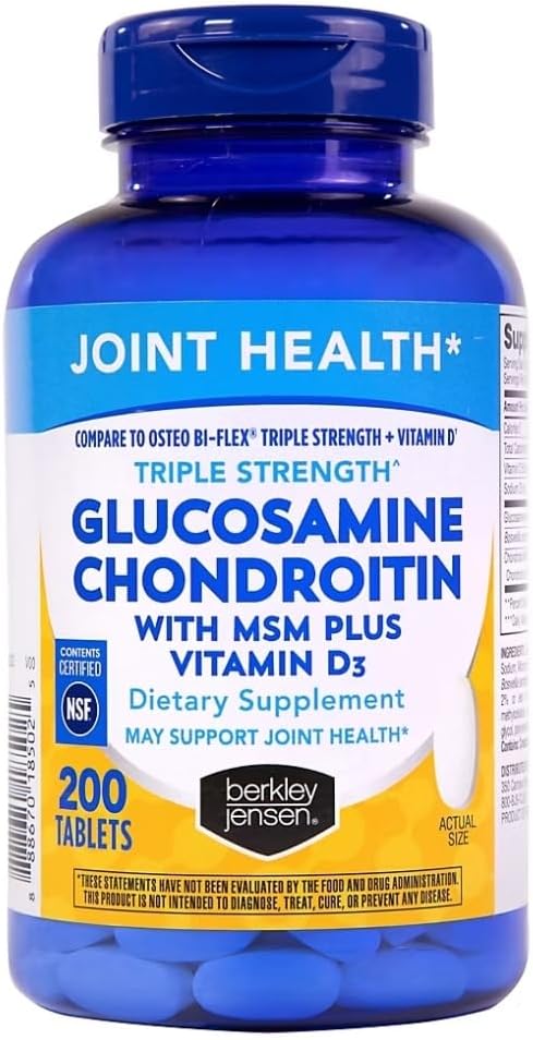 Berkley Jensen Glucosamine Chondroitin – Triple Strength Glucosamine Chondroitin Complex with MSM and D3 – Joint Supplement Tablets for Joint Support and Cartilages, NSF Certified, 200 Ct. (Pack of 1)