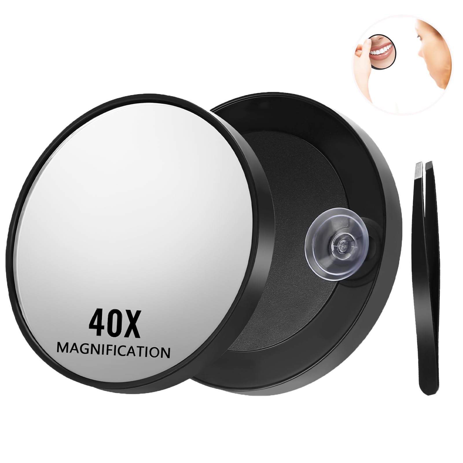 40x Magnifying Mirror with Suction Cup, Cosmetic Mirror with Suction Cup, Magnifying Mirror for Gluing and Tweezers Set, with Strong Magnification for Precise Makeup and Eyebrow Correction
