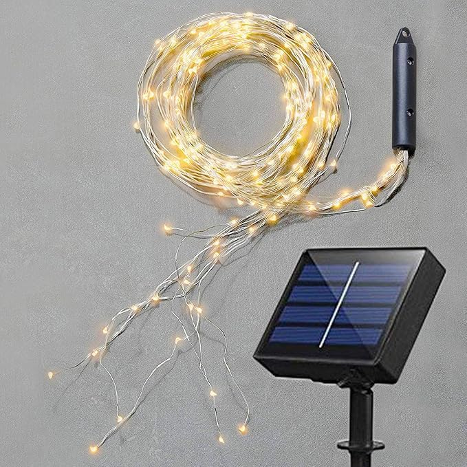 Gresonic Guirnalda solar de 400 luces de alambre de cobre, 10 m, 8 modos, IP44, cascada, para exteriores, para regadera, habitación infantil, camping, exterior e interior, blanco cálido (luz blanca
