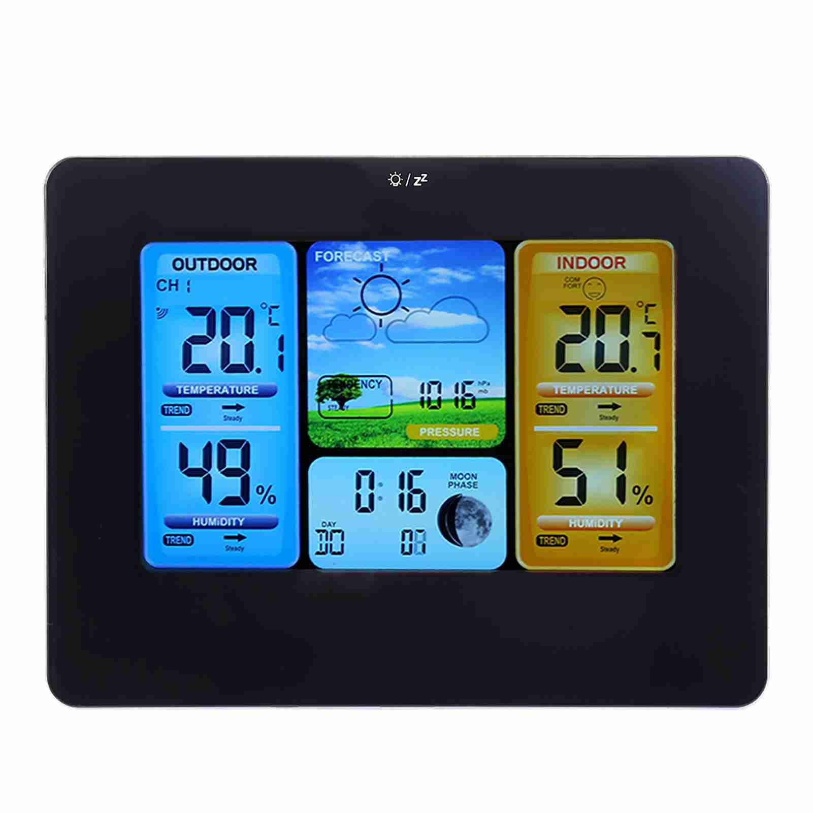 Ejoyous Drahtlose Wetterstation, Digitale Wetterstation aus Beschichtetem Glas mit Innen- und Außenthermometer, Farbdisplay, Wettervorhersagealarm Mondphase, für den Schreibtisch Zur Wandmontage zu