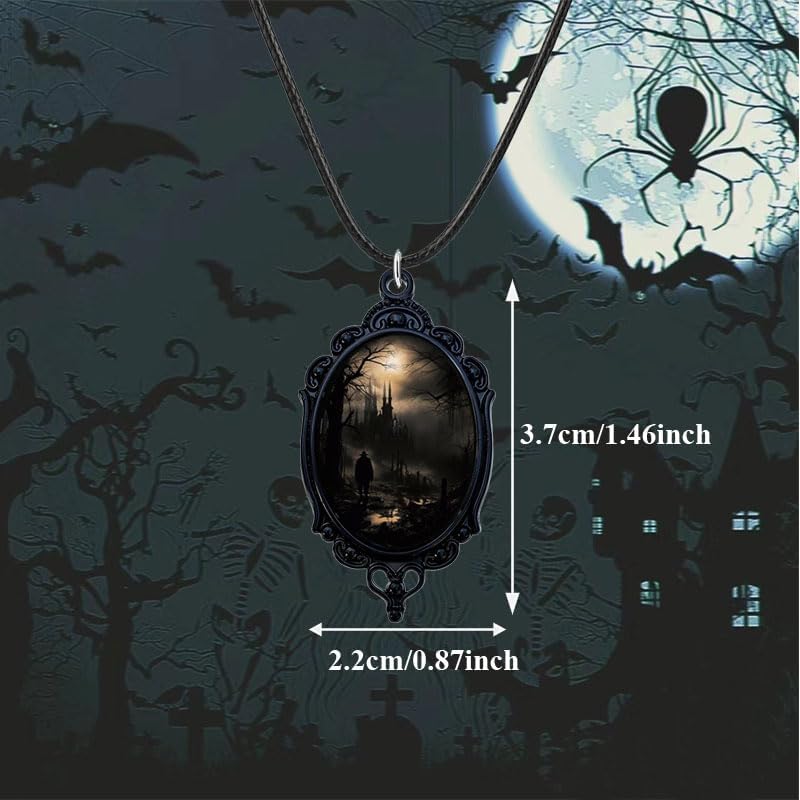 coadipress Gothic Castle Earrings Necklace Set for Women Vintage Cameo Glass Punk Style Victorian Earrings and Necklace Goth Raven Cabochon Mystic Witch Halloween Jewelry - Image 6