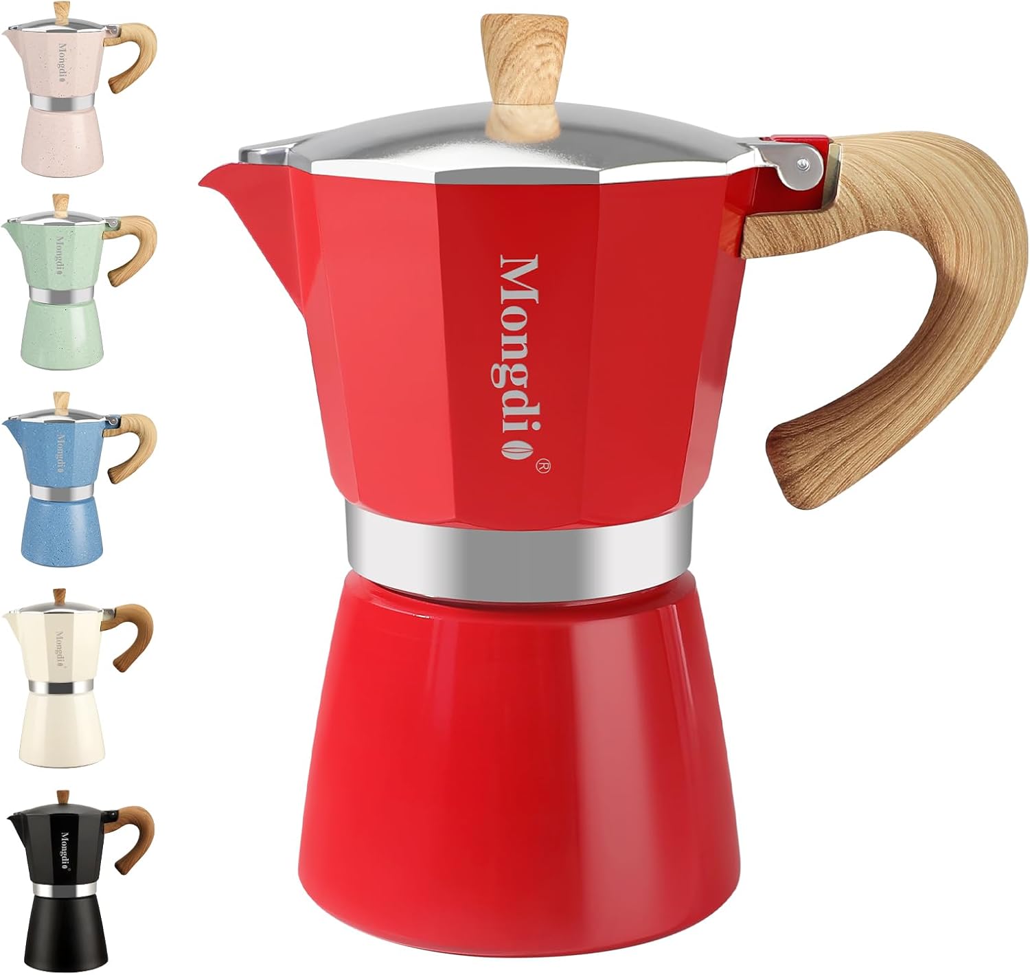 Mongdio Stovetop Espresso Maker Moka Pot, Cuban Coffee Maker Stove top coffee maker Moka Italian Espresso Greca Coffee Maker Brewer Percolator, 6 Espresso Cups, 10 oz - Red - Thumbnail 2