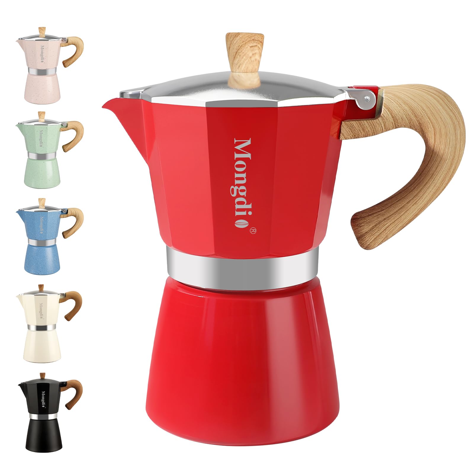 Mongdio Moka Pot Stovetop Espresso Maker, 6 Espresso Cup, 10 oz Red