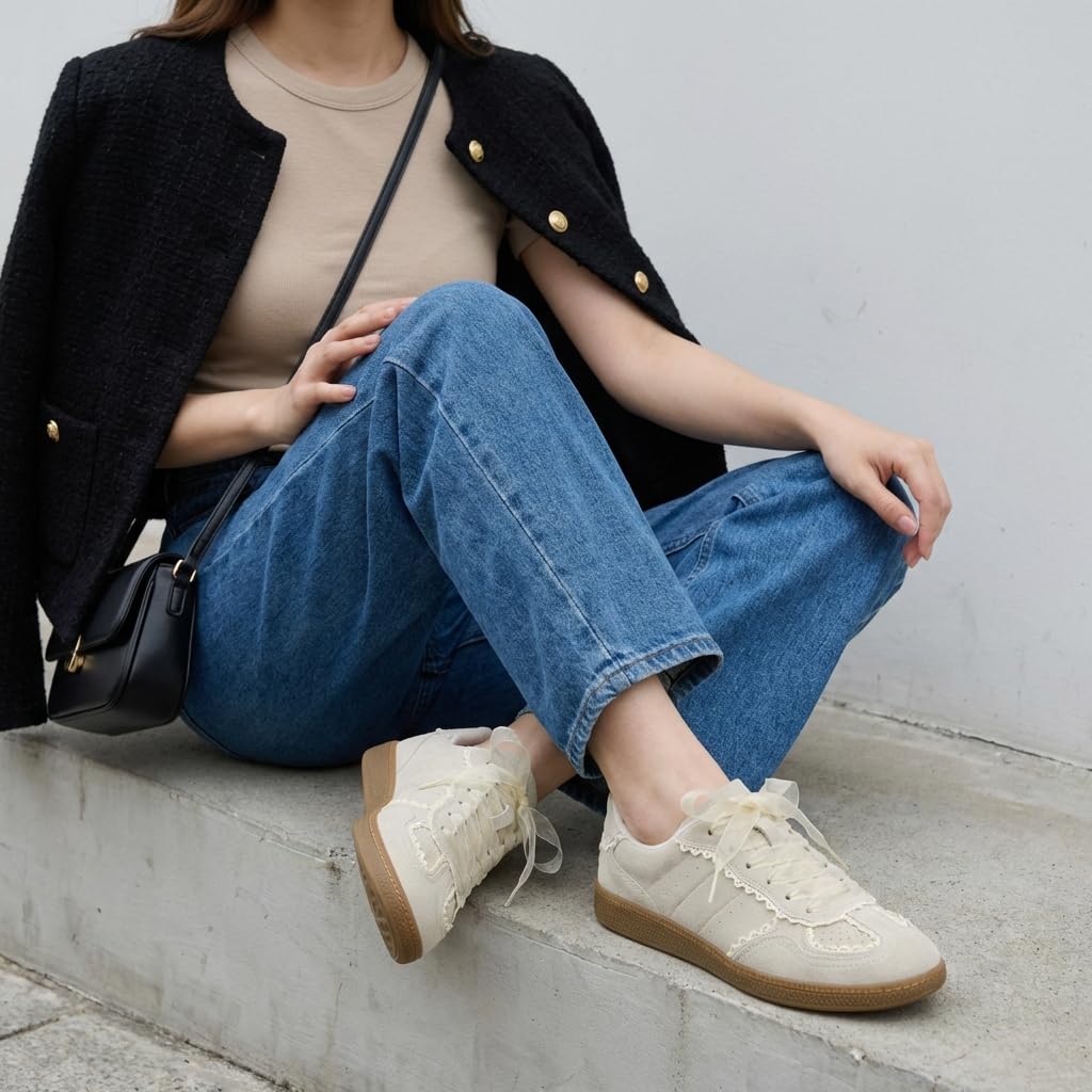 CUSHIONAIRE Belinda Women’s Lace Detail Casual Sneakers – Elegant Ribbon Lace-Up Shoes with Memory Foam