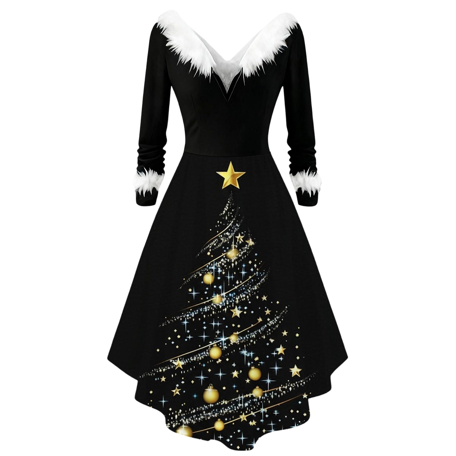 Elegante vestido de fiesta de manga larga con cuello para Navidad, para vacaciones, uso casual y comodidad fluida
