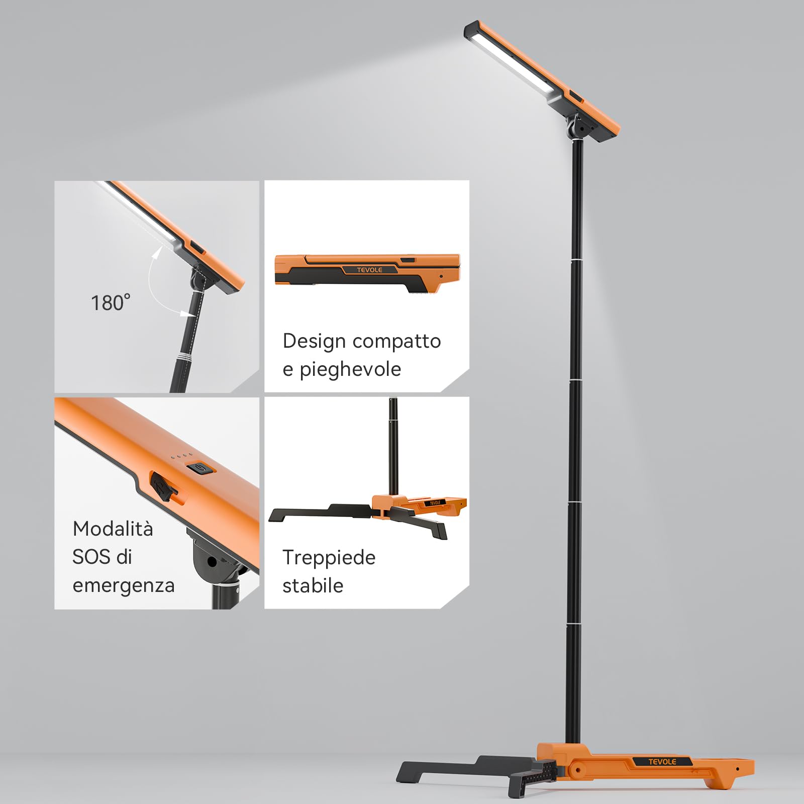 Faretto a Batteria LED Ricaricabile 1500LM Faro da Lavoro con Treppiede Pieghevole Regolabile, per Cantiere, Esterno, Campeggio, Fai-da-te, Impermeabile IP54, Ricarica Rapida Type-C