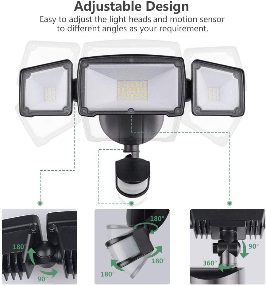 GLORIOUS-LITE 39W LED Security Lights Motion Outdoor Motion Sensor Light Outdoor 3500LM, IP65 Waterproof Motion Lights Outdoor, 5500K 3 Head Motion Sensor Flood Light Exterior Security for Yard