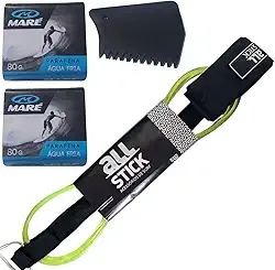 Kit Leash Prancha De Surf Regular 6mm + 2 Parafina Surf Maré + Raspador Resistente e Performance