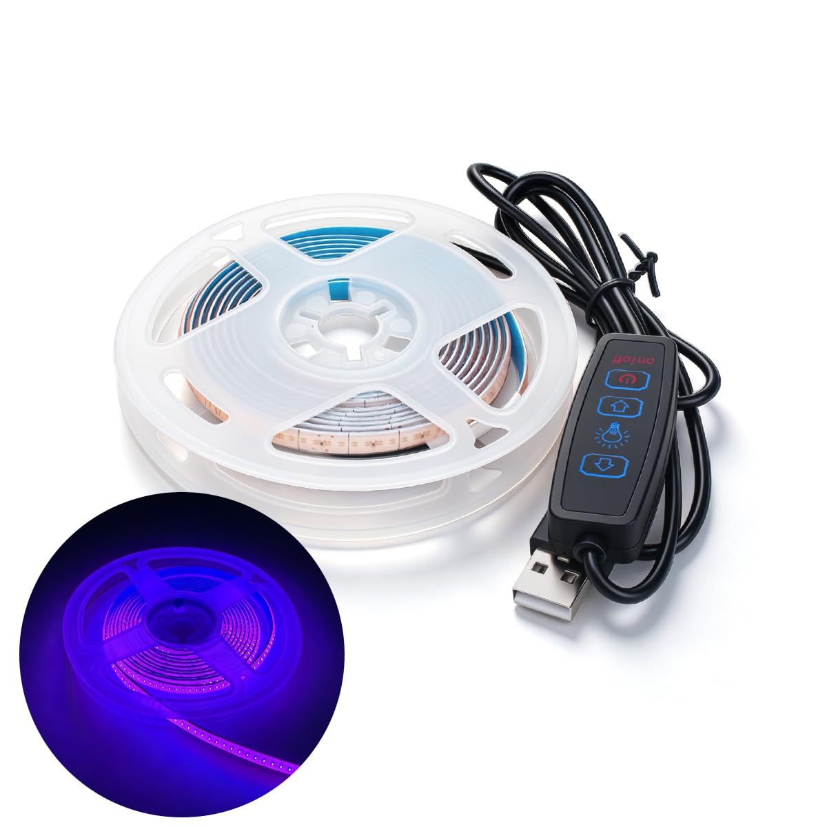 Innfeeltech 2M COB LED Light Strip, 5mm Width 5V Purple 400LEDs/m Light Strip, USB Connector with Dimming Button