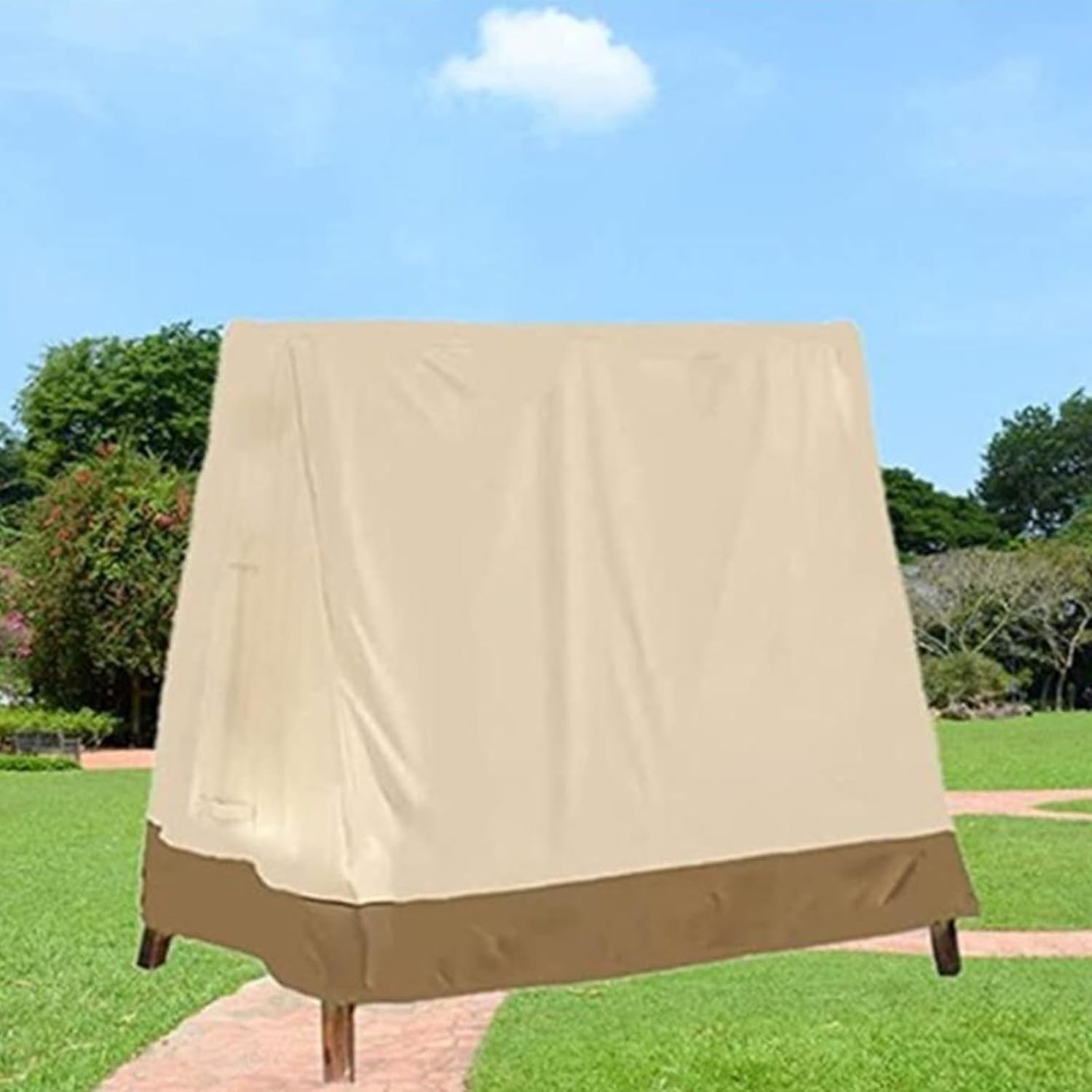 Outdoor Swing Cover, A Frame Patio Swing Cover, Garden Hammock Glider Chair Cover, Can be Used Without Disassembly(Beige+Coffee,216 * 140 * 170cm)