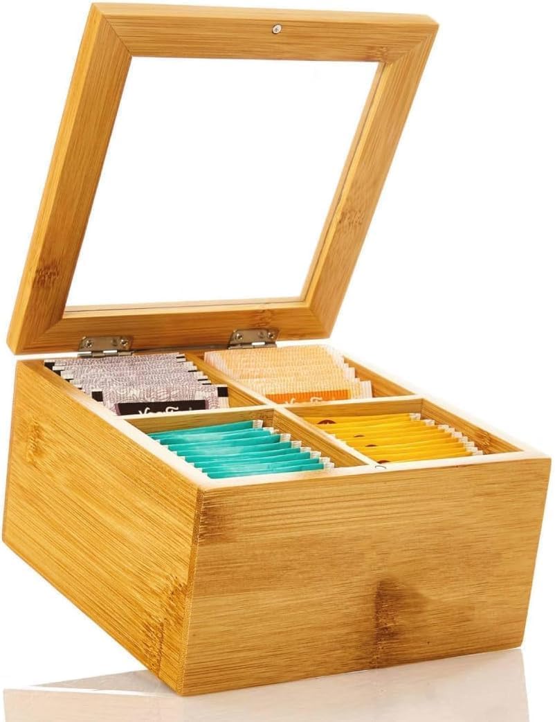 Tea Box Storage Organizer Table Top Kitchen Spice Box Tea Box Made with premium Quality Bamboo Material 4 Compartment Tea Organizer With Transparent Lid