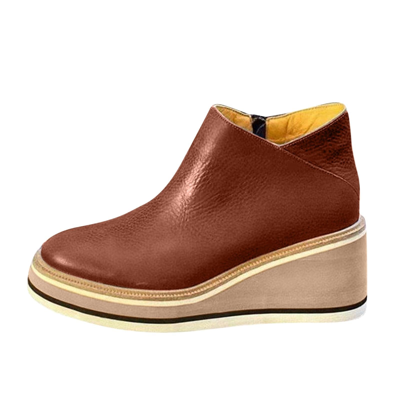 Platform Wedge Ankle Booties for Women Ladies Fashion Casual Leather Round Toe Chunky Bottom High Heels Ankle Boots