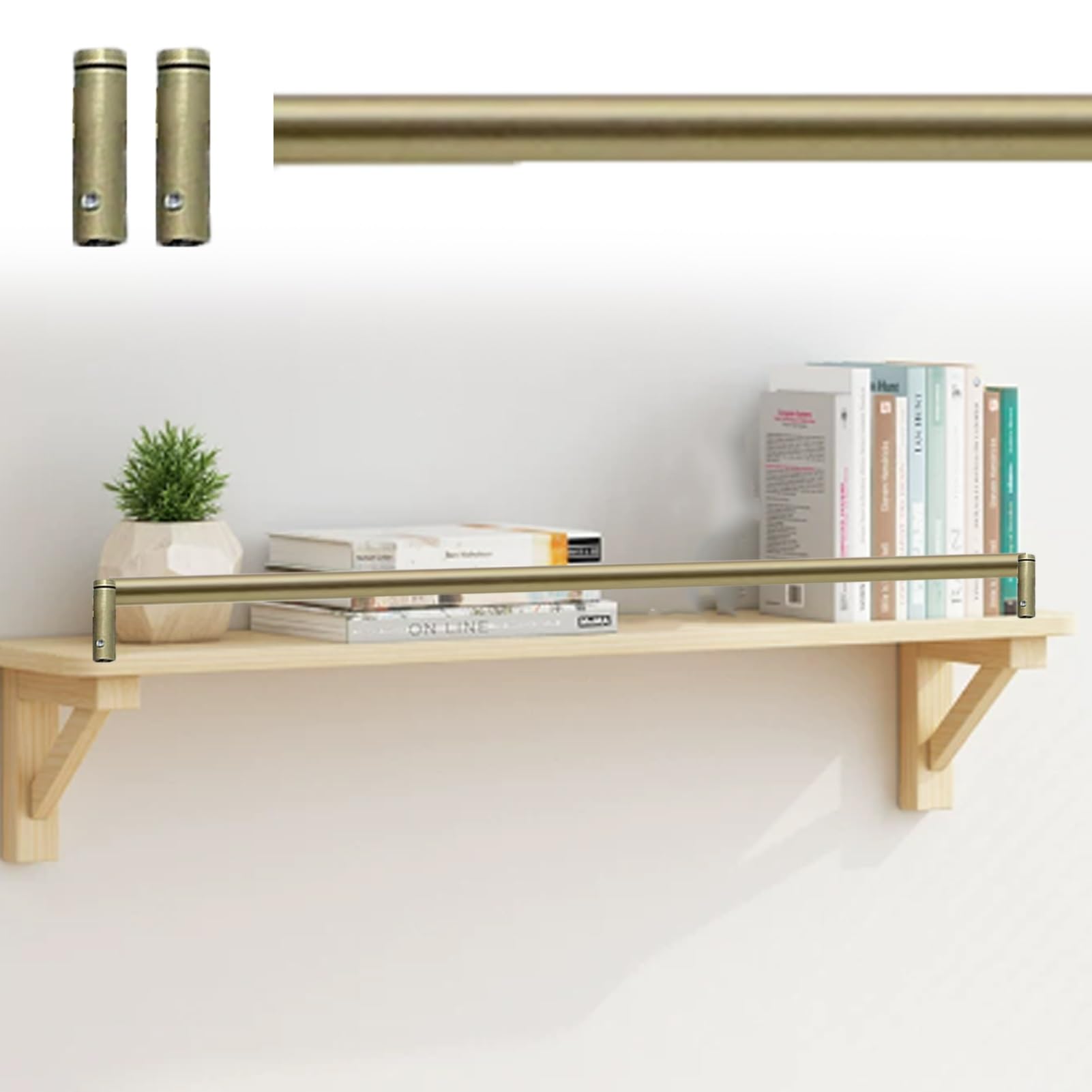 Decorative Metal Shelf Rails for Shelves, Brushed Gold Aluminum Alloy Shelf Guard Rail, Tipping Gallery Rails Set with Screws and Spindles(45inch/114.3cm)