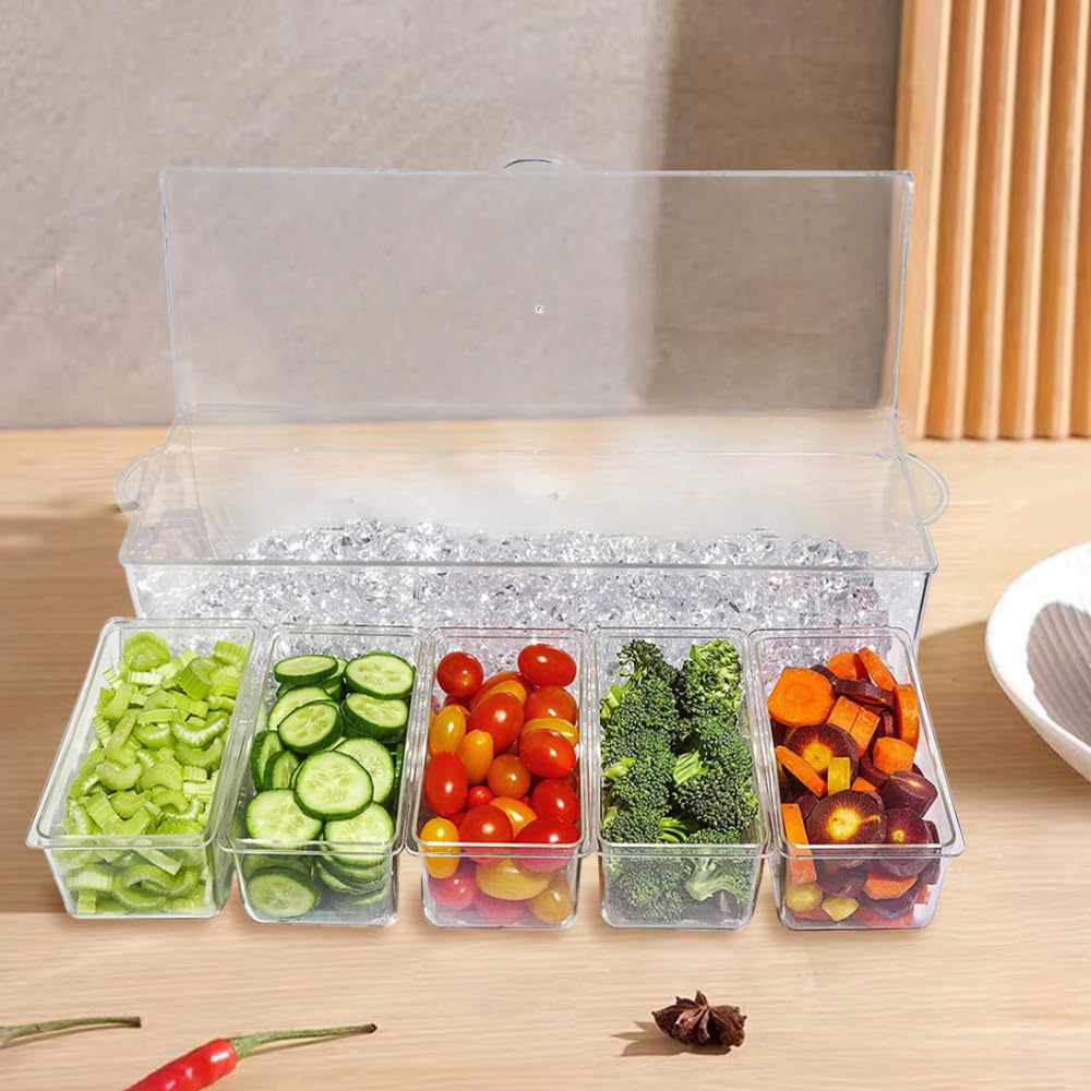 LucaSng Contenitori per condimenti con coperchio, vassoio per ghiaccio, organizer per condimenti, contenitore refrigerato, supporto per guarnire il ghiaccio, dispenser, piatto da insalata per feste e
